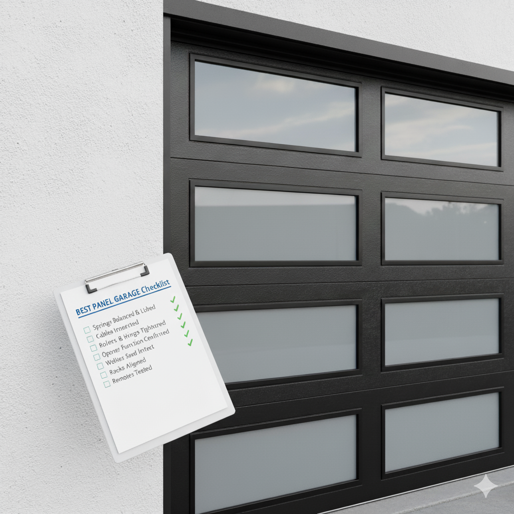 A modern residential garage door with a floating 'Best Panel Garage Doors' checklist, showing all items checked off to symbolize a complete and thorough quality inspection.